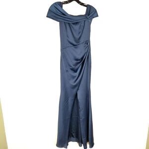 ASOS DESIGN Bridesmaid Satin Bardot Drape Wrap Maxi Dress Size 0 Blue Formal